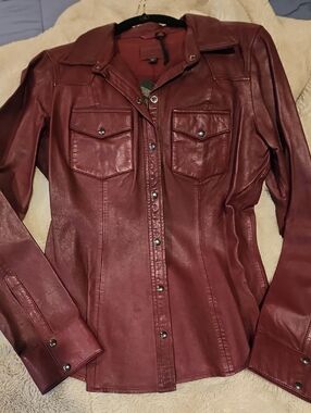 Guess Leather Button Up Shirt Red Medium Stunning Rare Find 😎
